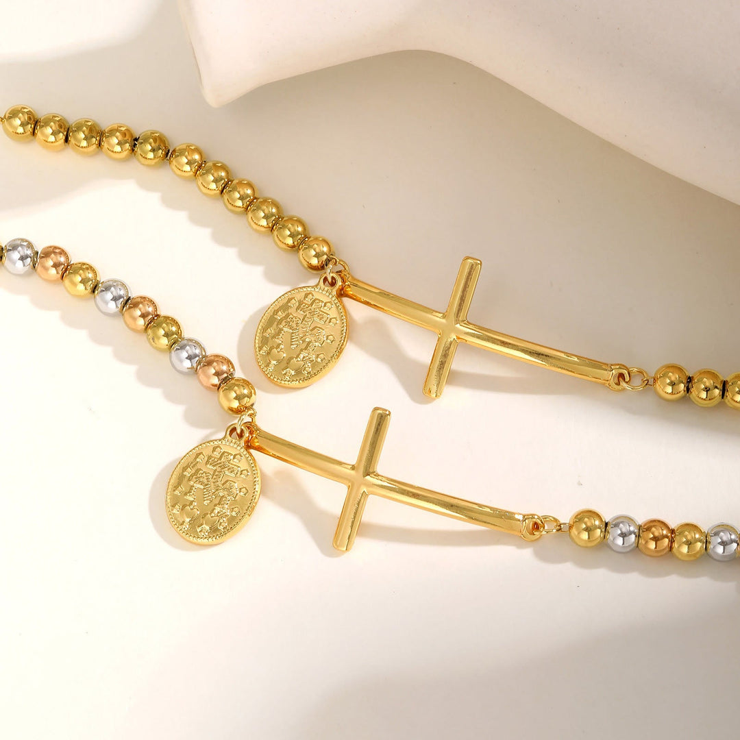 Cross & Our Lady Beaded Bracelet: Spiritual Symbol with Polished Elegance