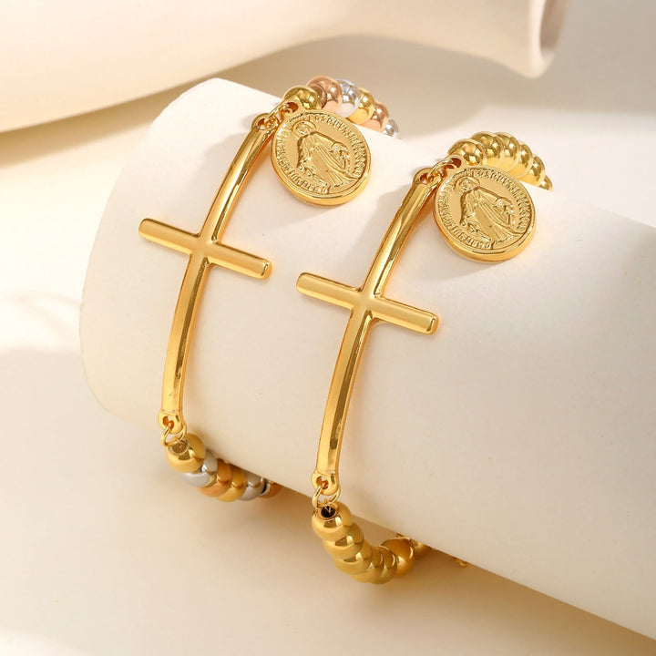 Cross & Our Lady Beaded Bracelet: Spiritual Symbol with Polished Elegance