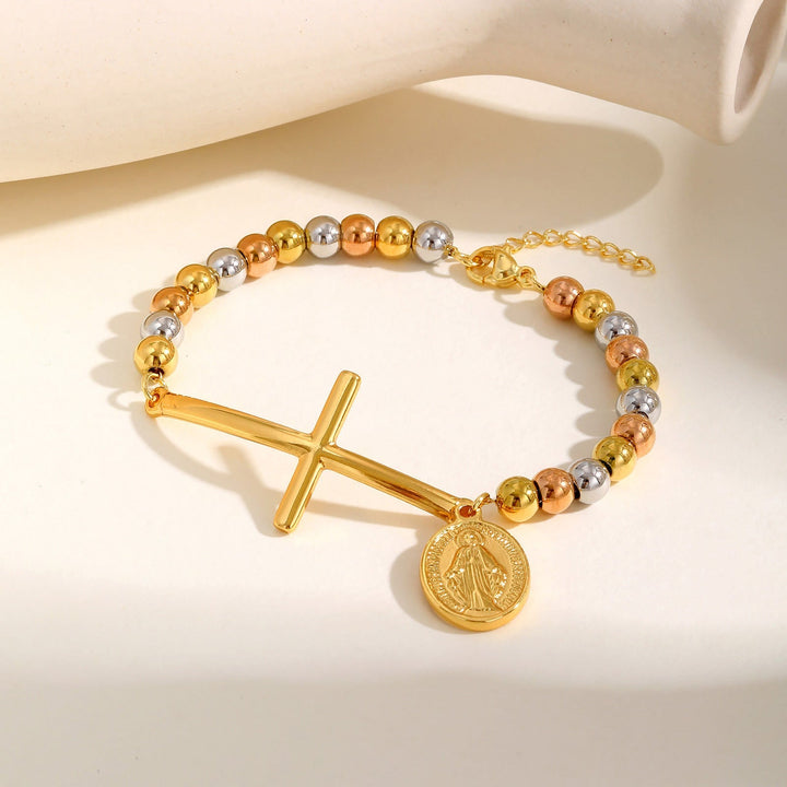 Cross & Our Lady Beaded Bracelet: Spiritual Symbol with Polished Elegance