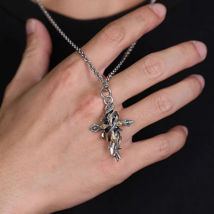 Ornate Scrollwork Cross Necklace: Two-Tone Design for Devout Daily Wear