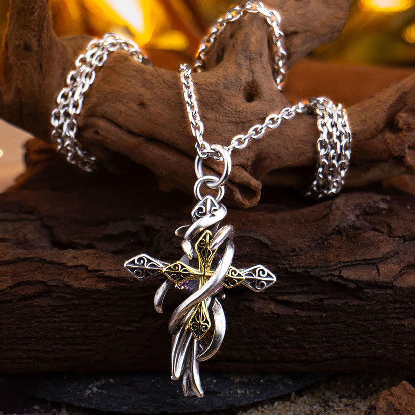 Ornate Scrollwork Cross Necklace: Two-Tone Design for Devout Daily Wear