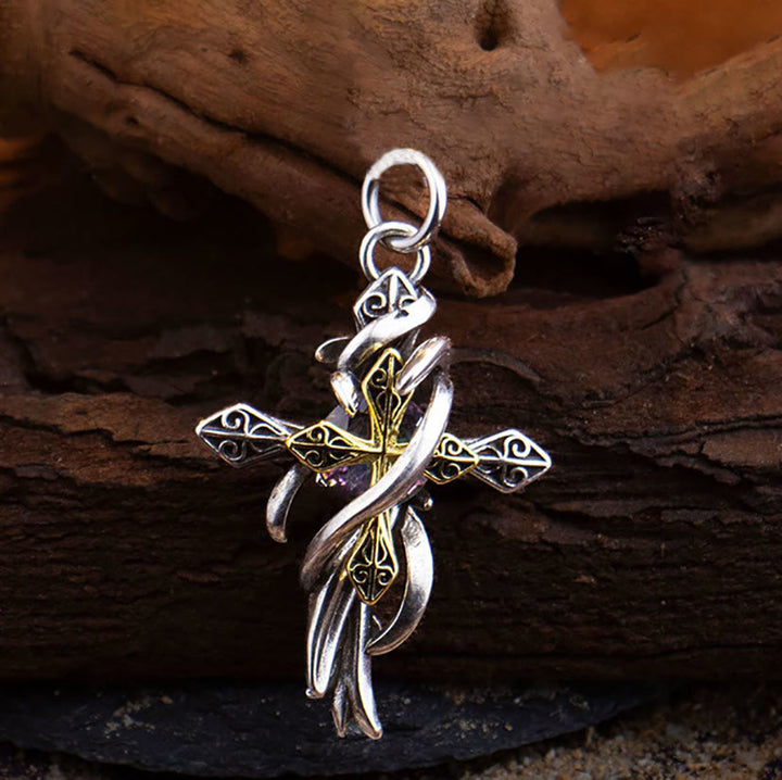 Ornate Scrollwork Cross Necklace: Two-Tone Design for Devout Daily Wear