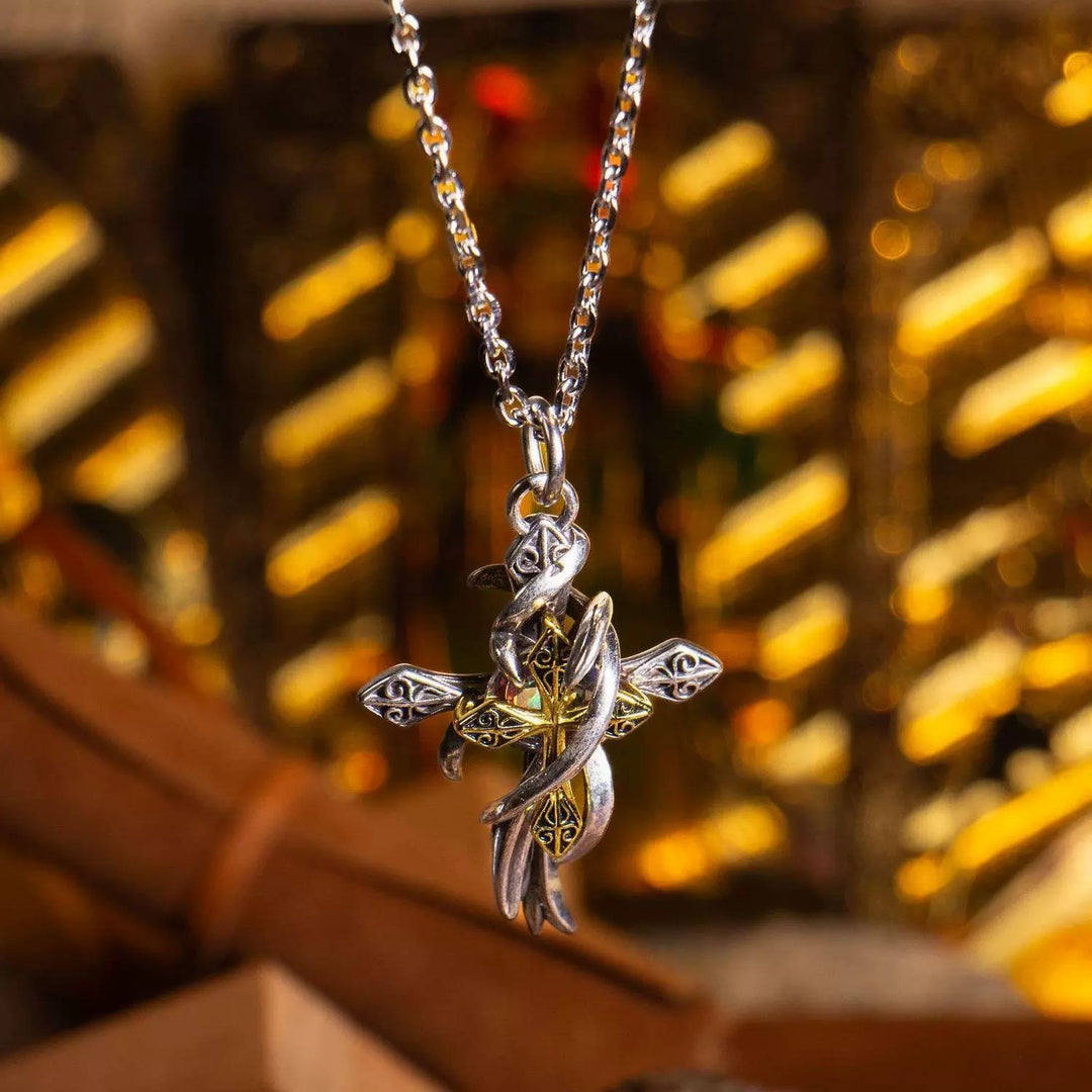Ornate Scrollwork Cross Necklace: Two-Tone Design for Devout Daily Wear