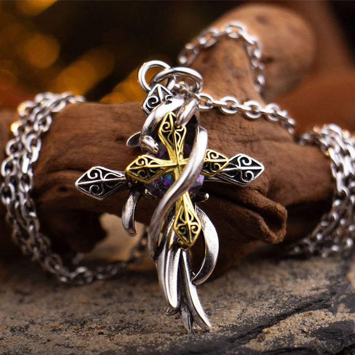 Ornate Scrollwork Cross Necklace: Two-Tone Design for Devout Daily Wear