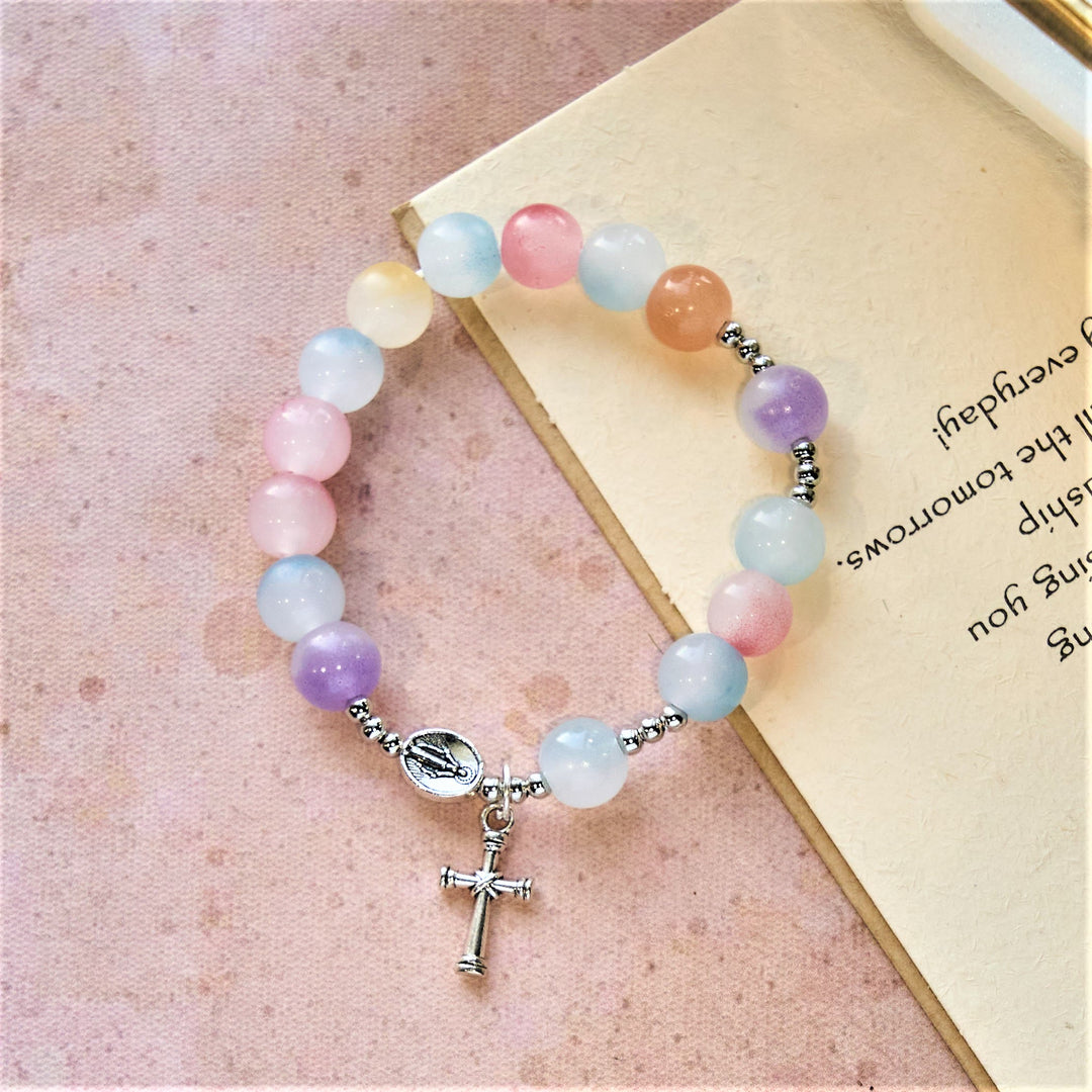 Pastel Glow Color-Shifting UV Bead Prayer Bracelet with Our Lady
