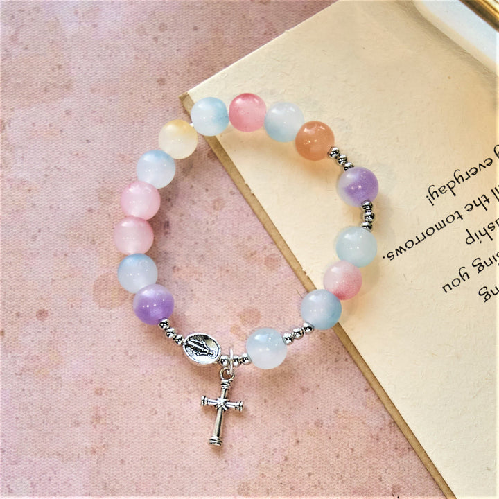 Pastel Glow Color-Shifting UV Bead Prayer Bracelet with Our Lady