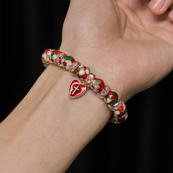 Enamel Craft Red Bead Bracelet with Cross Heart Pendant