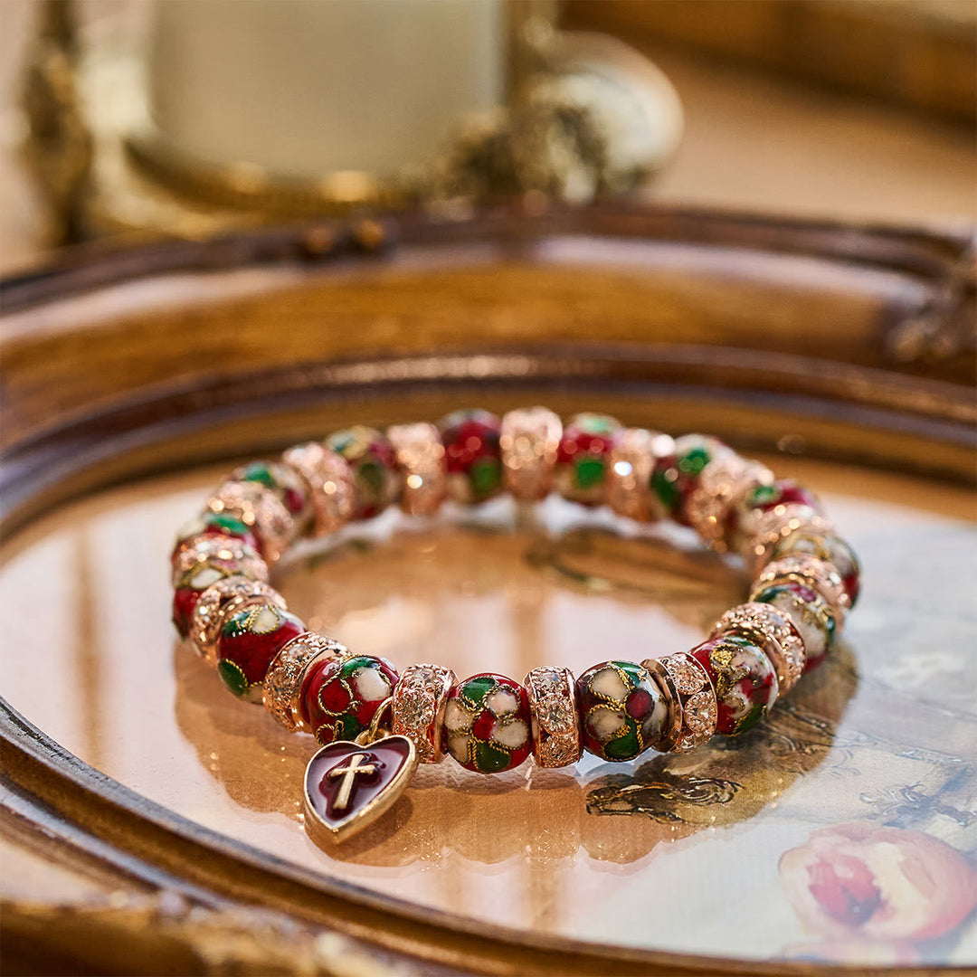 Enamel Craft Red Bead Bracelet with Cross Heart Pendant