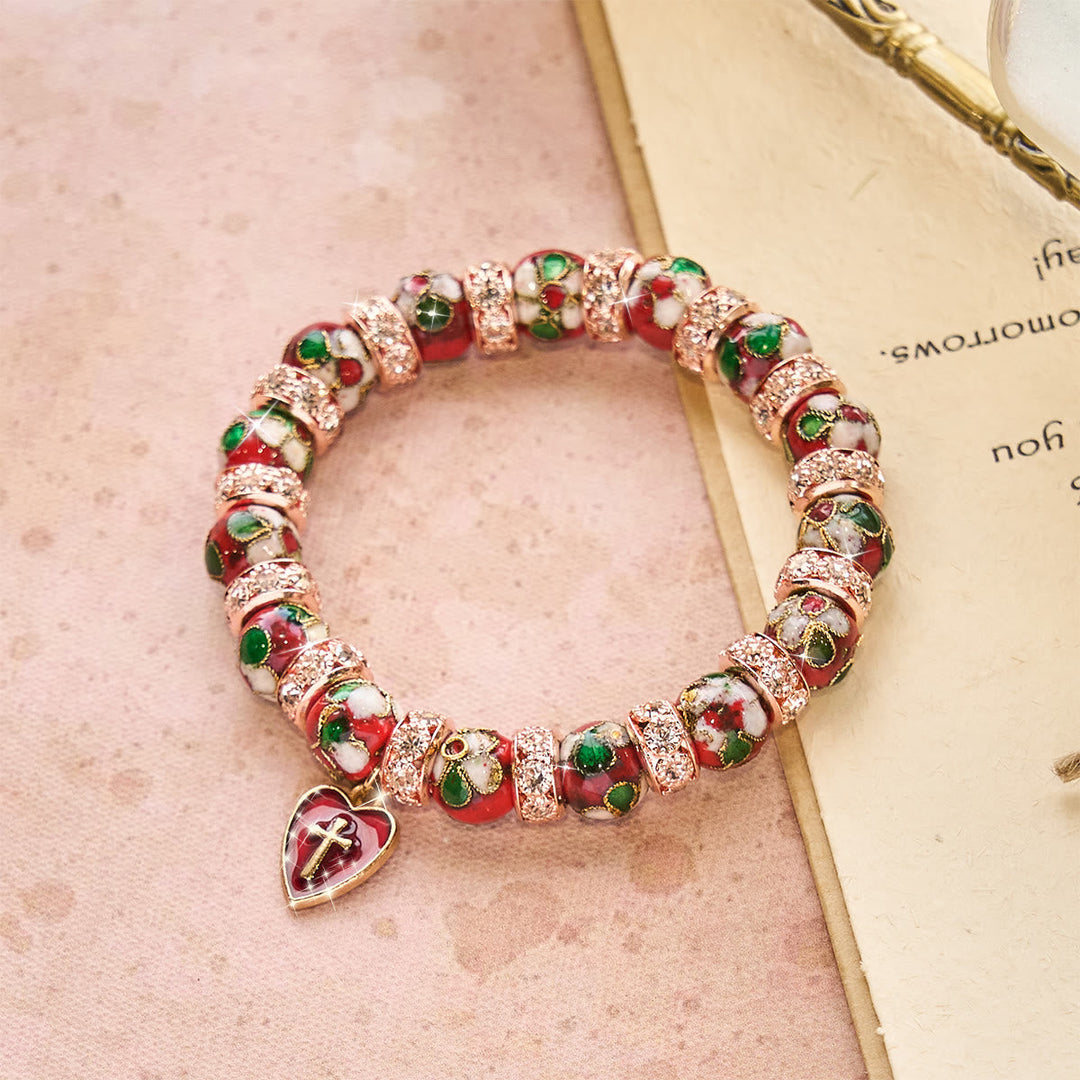 Enamel Craft Red Bead Bracelet with Cross Heart Pendant
