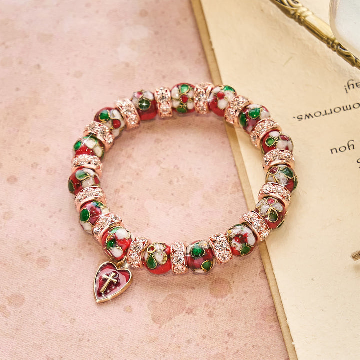 Enamel Craft Red Bead Bracelet with Cross Heart Pendant