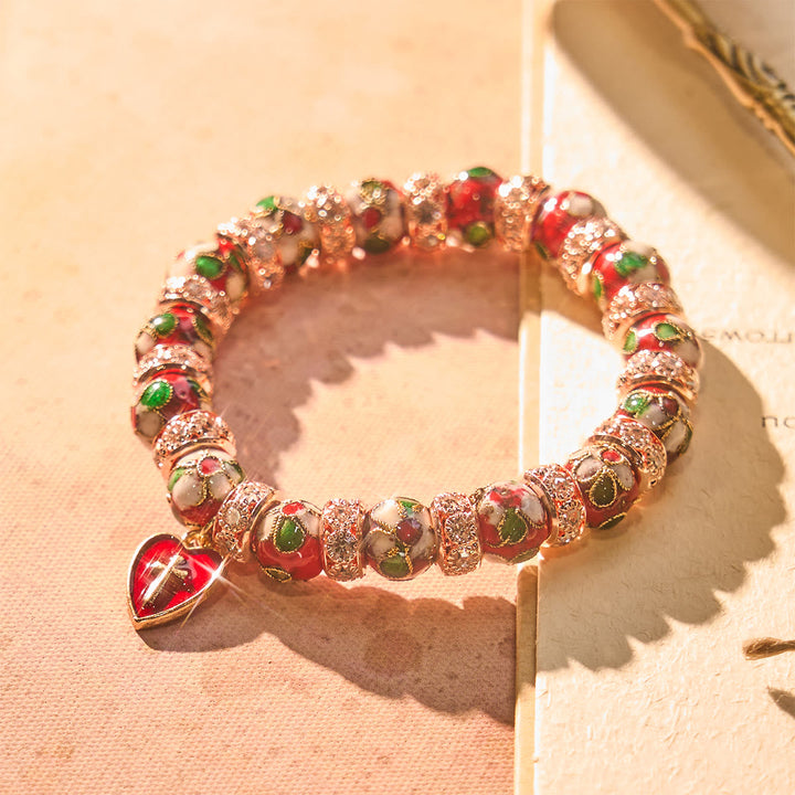 Enamel Craft Red Bead Bracelet with Cross Heart Pendant
