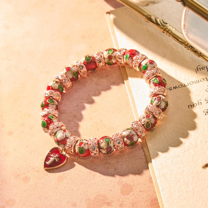 Enamel Craft Red Bead Bracelet with Cross Heart Pendant