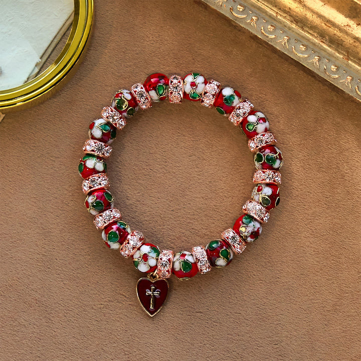 Enamel Craft Red Bead Bracelet with Cross Heart Pendant