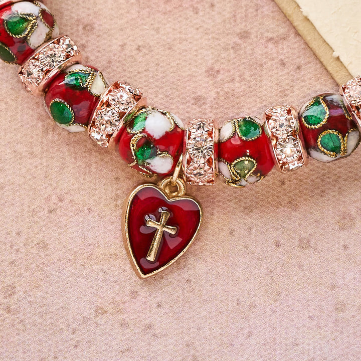 Enamel Craft Red Bead Bracelet with Cross Heart Pendant