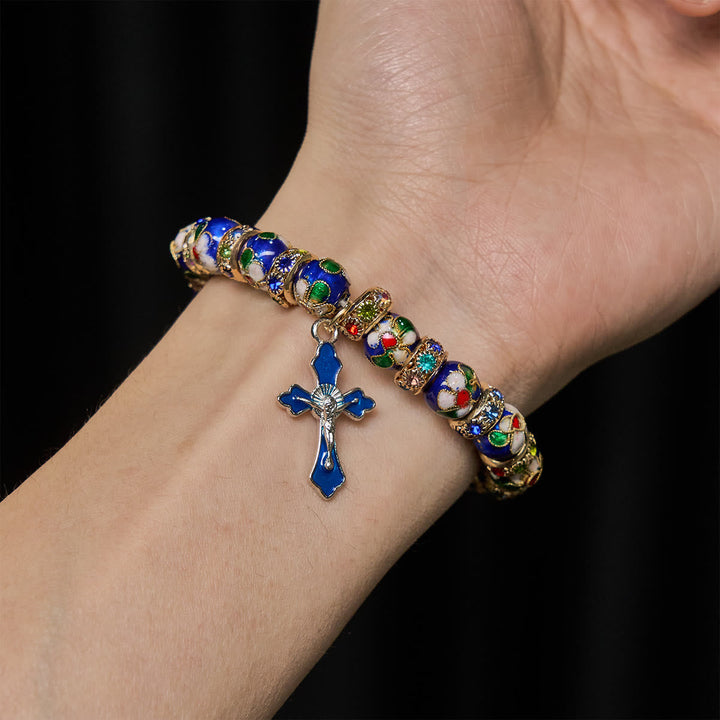 Detailed Blue Cloisonné Bead Bracelet with Crucifix