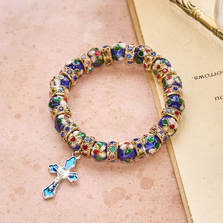 Detailed Blue Cloisonné Bead Bracelet with Crucifix