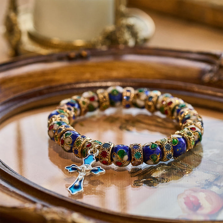 Detailed Blue Cloisonné Bead Bracelet with Crucifix