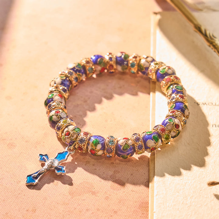 Detailed Blue Cloisonné Bead Bracelet with Crucifix