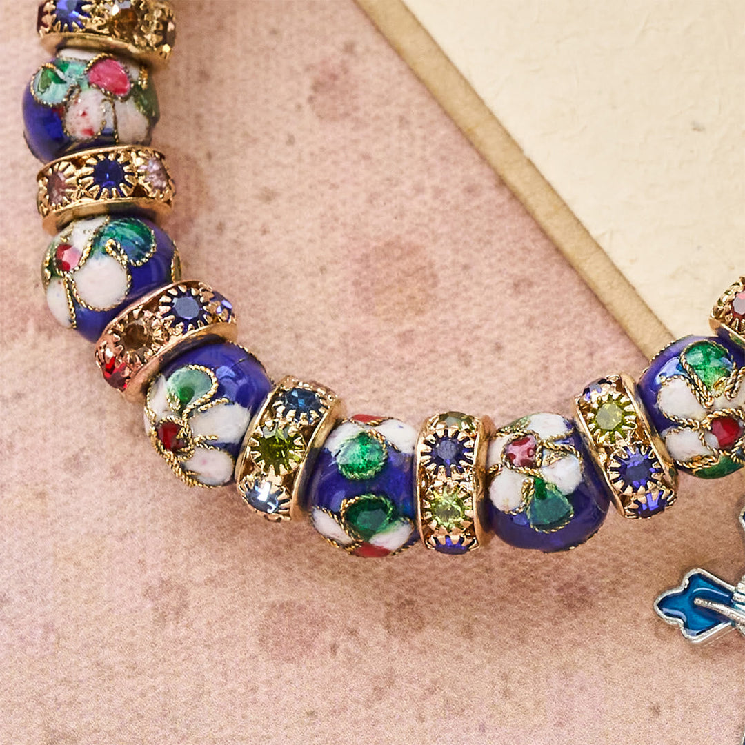 Detailed Blue Cloisonné Bead Bracelet with Crucifix