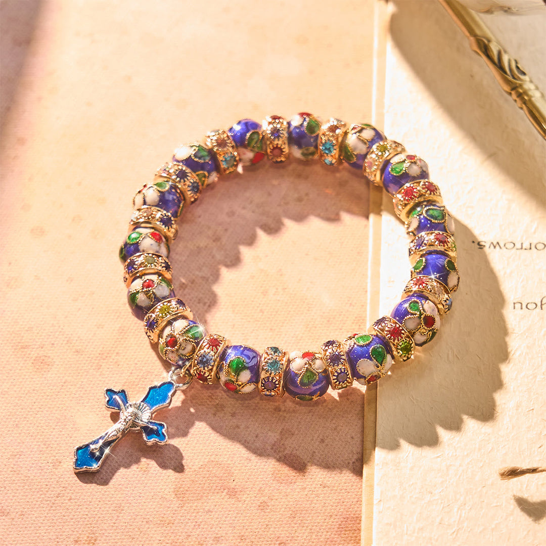 Detailed Blue Cloisonné Bead Bracelet with Crucifix