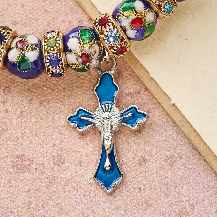 Detailed Blue Cloisonné Bead Bracelet with Crucifix