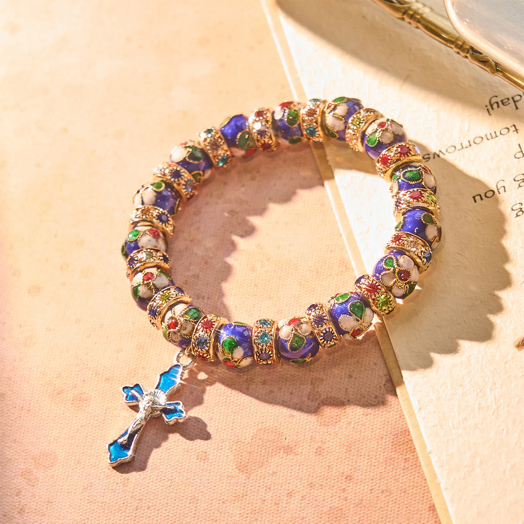 Detailed Blue Cloisonné Bead Bracelet with Crucifix