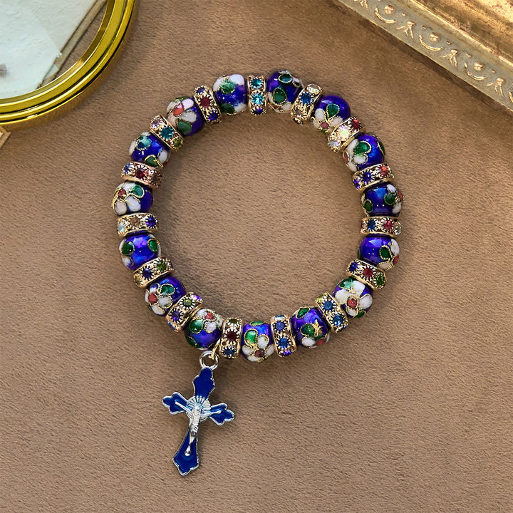 Detailed Blue Cloisonné Bead Bracelet with Crucifix