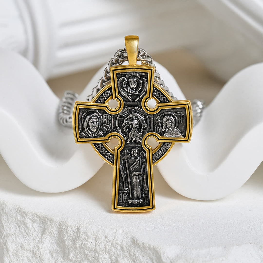 Ornate Dual - Tone Cross Necklace: Saint Icon & Angel - Detailed Artistry