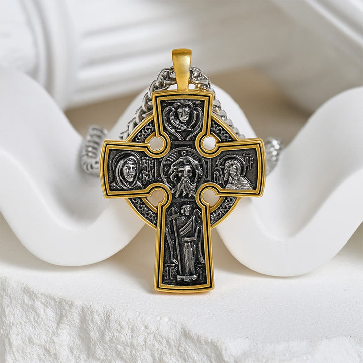 Ornate Dual - Tone Cross Necklace: Saint Icon & Angel - Detailed Artistry