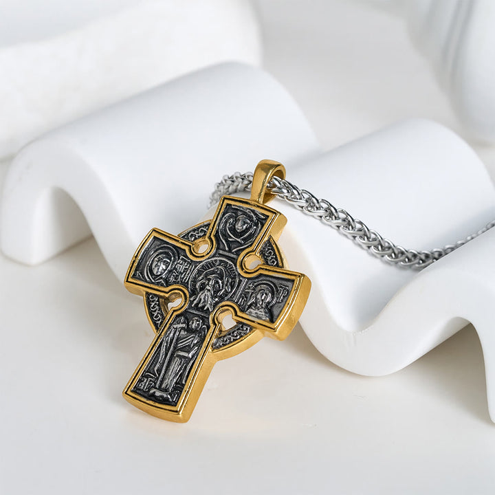 Ornate Dual - Tone Cross Necklace: Saint Icon & Angel - Detailed Artistry