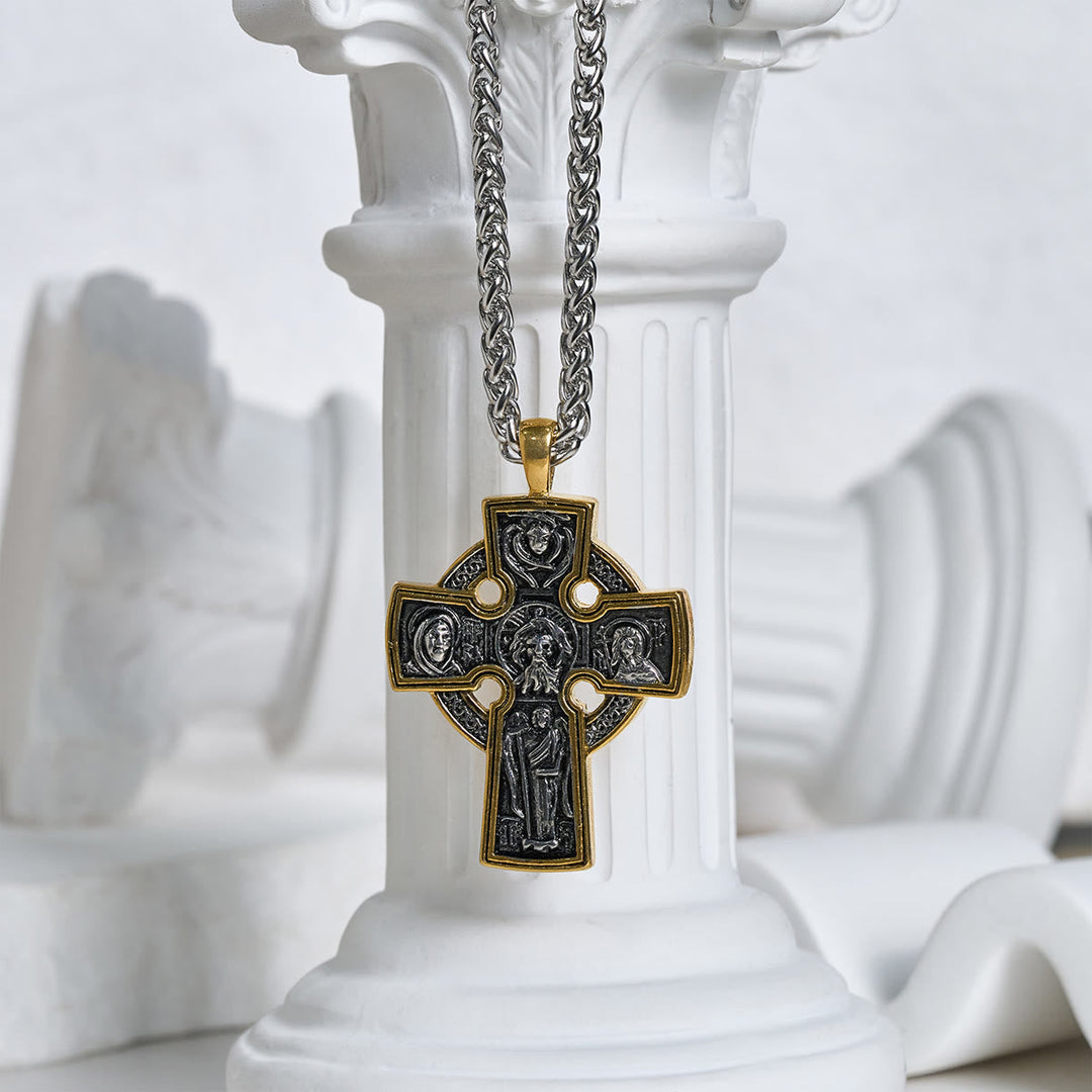 Ornate Dual - Tone Cross Necklace: Saint Icon & Angel - Detailed Artistry