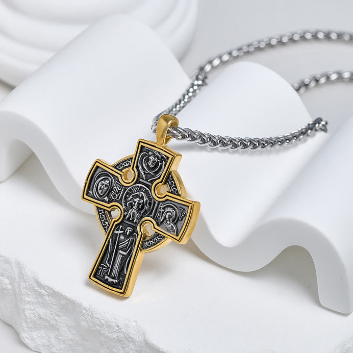 Ornate Dual - Tone Cross Necklace: Saint Icon & Angel - Detailed Artistry