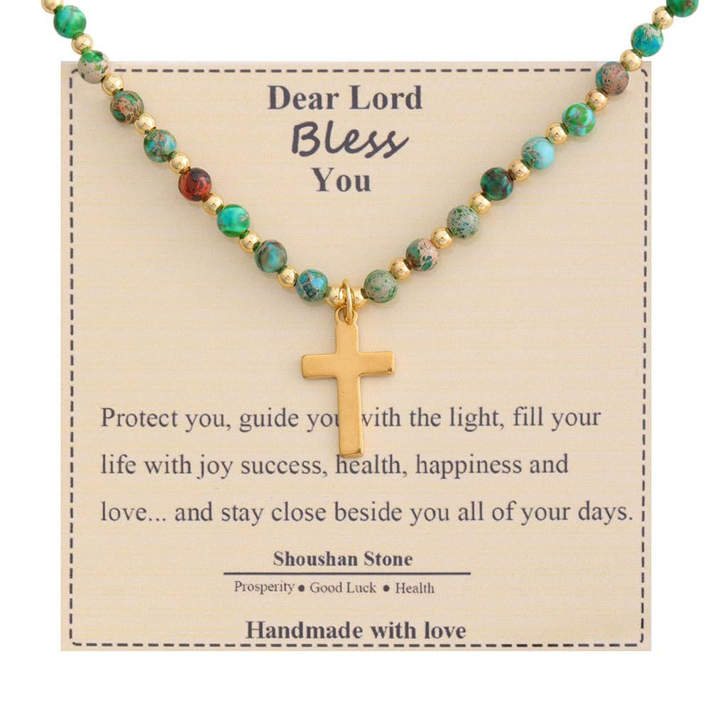 Blessed Stone Cross Necklace: Natural Gem Charm & Quiet Devotion Accent