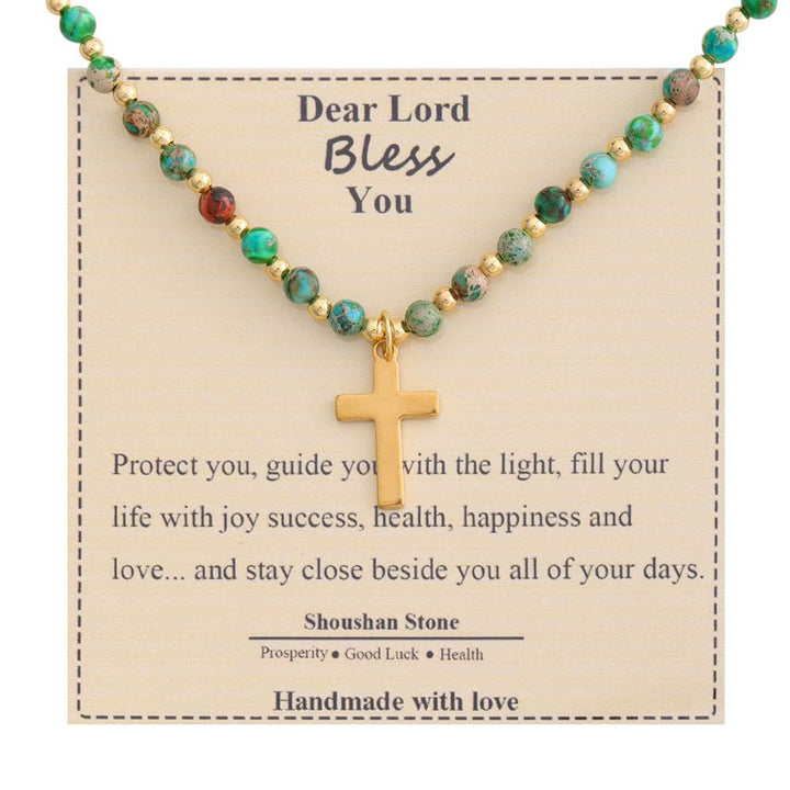 Blessed Stone Cross Necklace: Natural Gem Charm & Quiet Devotion Accent