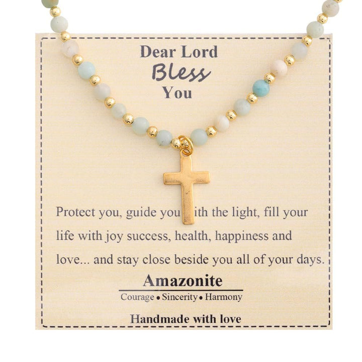 Blessed Stone Cross Necklace: Natural Gem Charm & Quiet Devotion Accent