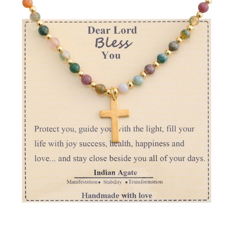 Blessed Stone Cross Necklace: Natural Gem Charm & Quiet Devotion Accent