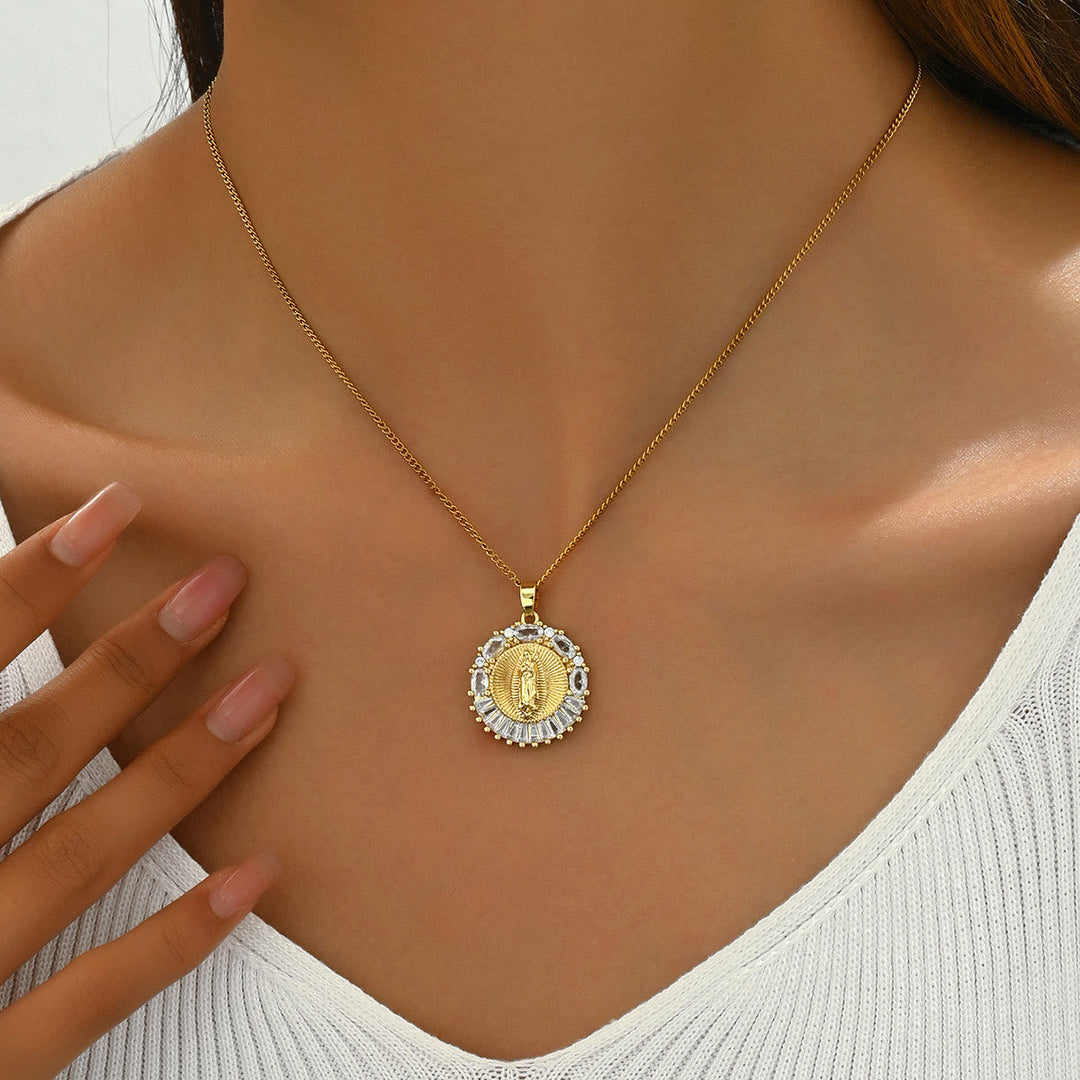 Sparkling Holy Mother Medallion Necklace: Sacred Presence for Every Moment