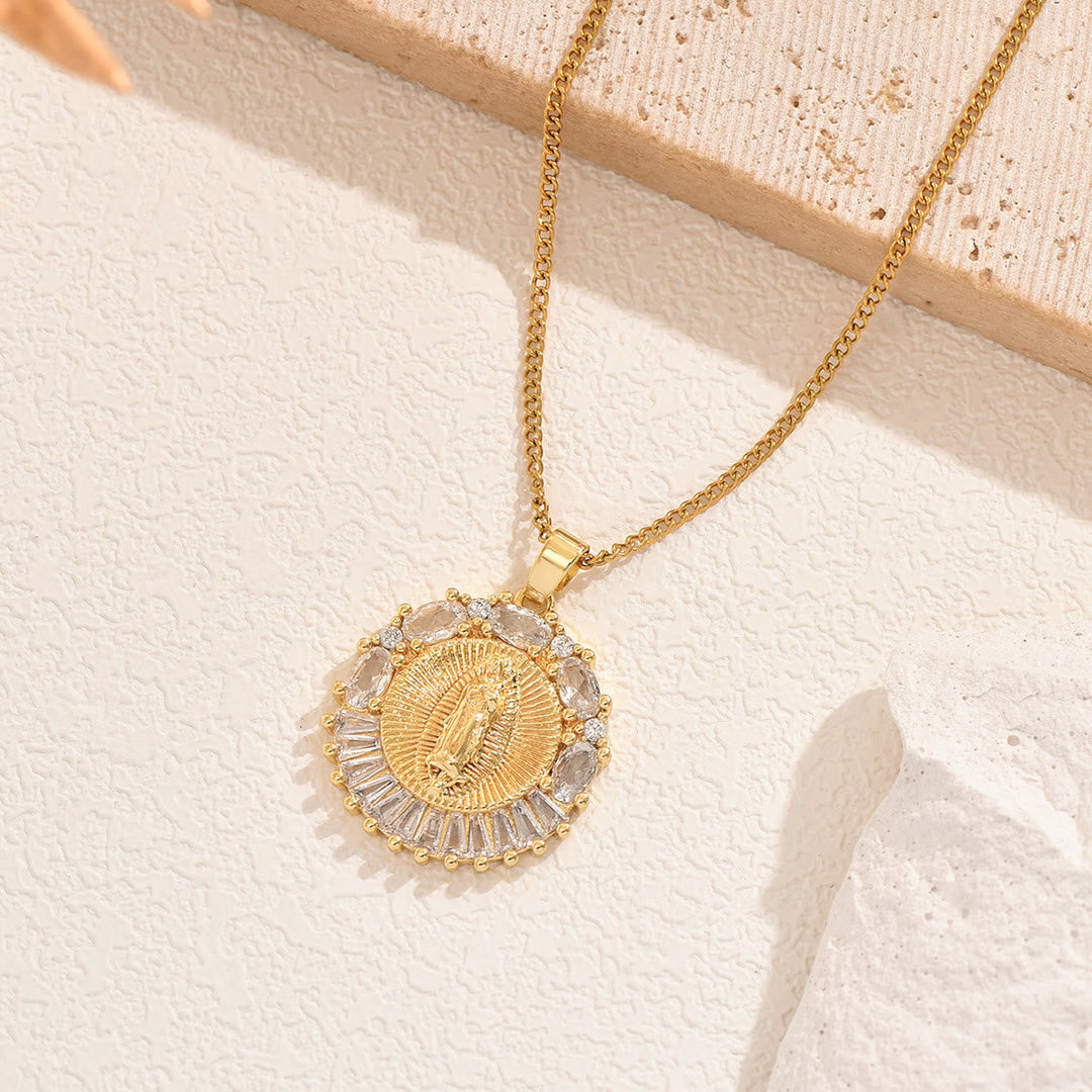 Sparkling Holy Mother Medallion Necklace: Sacred Presence for Every Moment