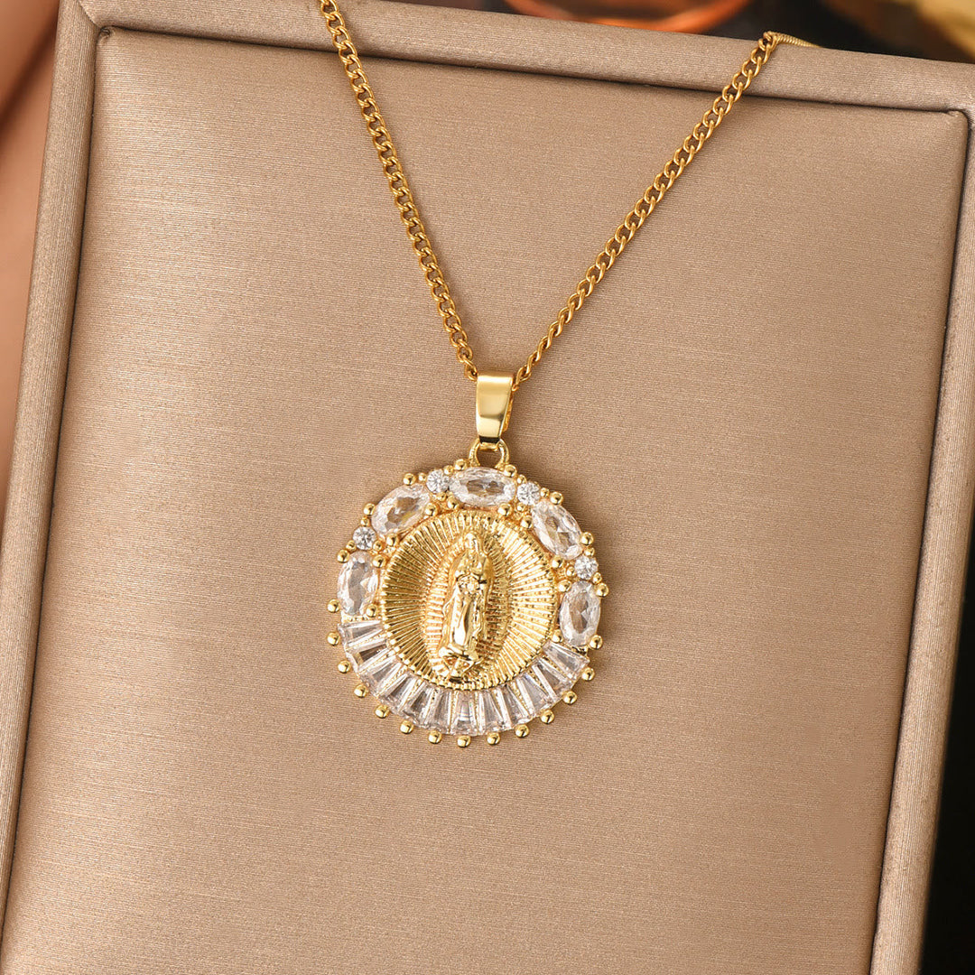 Sparkling Holy Mother Medallion Necklace: Sacred Presence for Every Moment