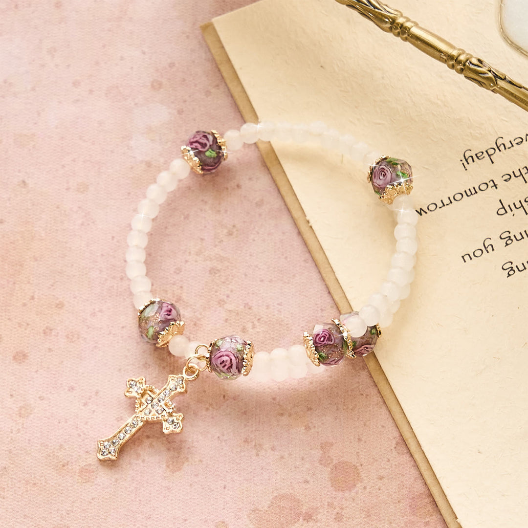 Floral Accent Memory Wire Rosary Bracelet: Tender Devotion for Daily Moments