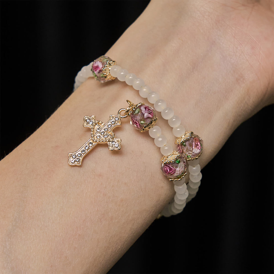 Floral Accent Memory Wire Rosary Bracelet: Tender Devotion for Daily Moments