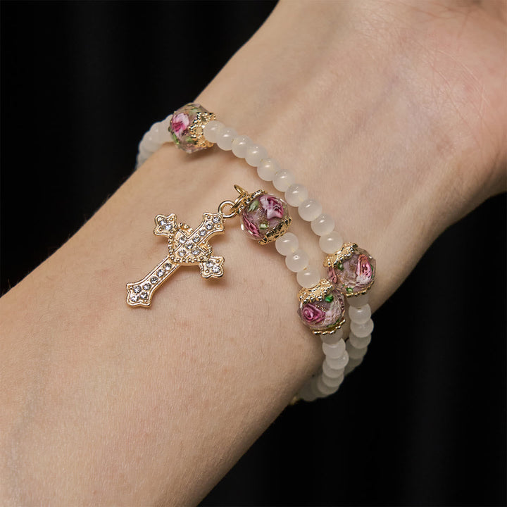 Floral Accent Memory Wire Rosary Bracelet: Tender Devotion for Daily Moments