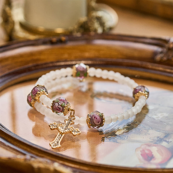 Floral Accent Memory Wire Rosary Bracelet: Tender Devotion for Daily Moments