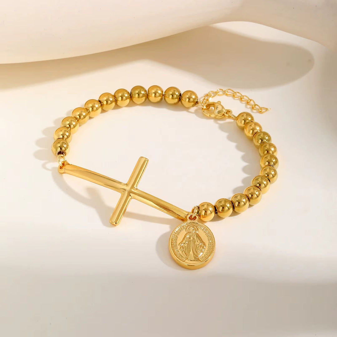 Cross & Our Lady Beaded Bracelet: Spiritual Symbol with Polished Elegance