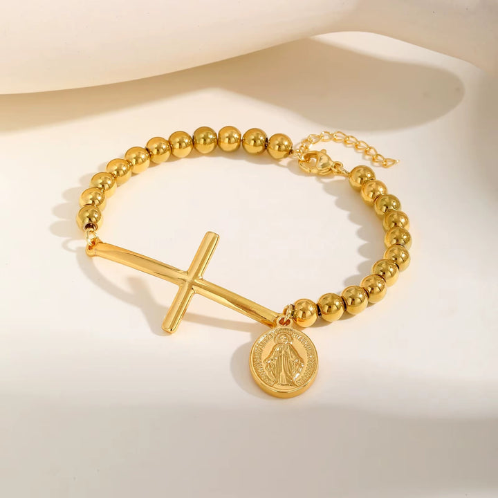 Cross & Our Lady Beaded Bracelet: Spiritual Symbol with Polished Elegance