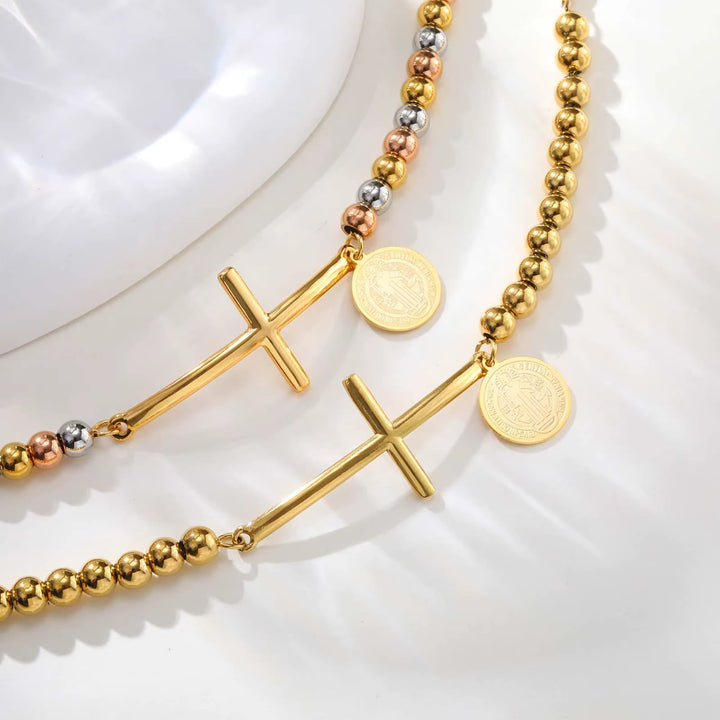 Cross & Our Lady Beaded Bracelet: Spiritual Symbol with Polished Elegance