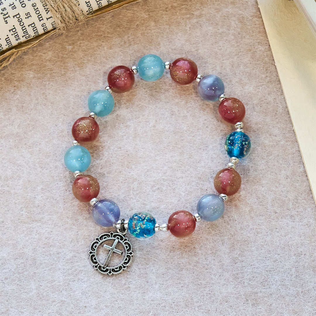 UV-Changing Glitter Bead Bracelet with Ornate Cross: Shimmer in Faithful Hues