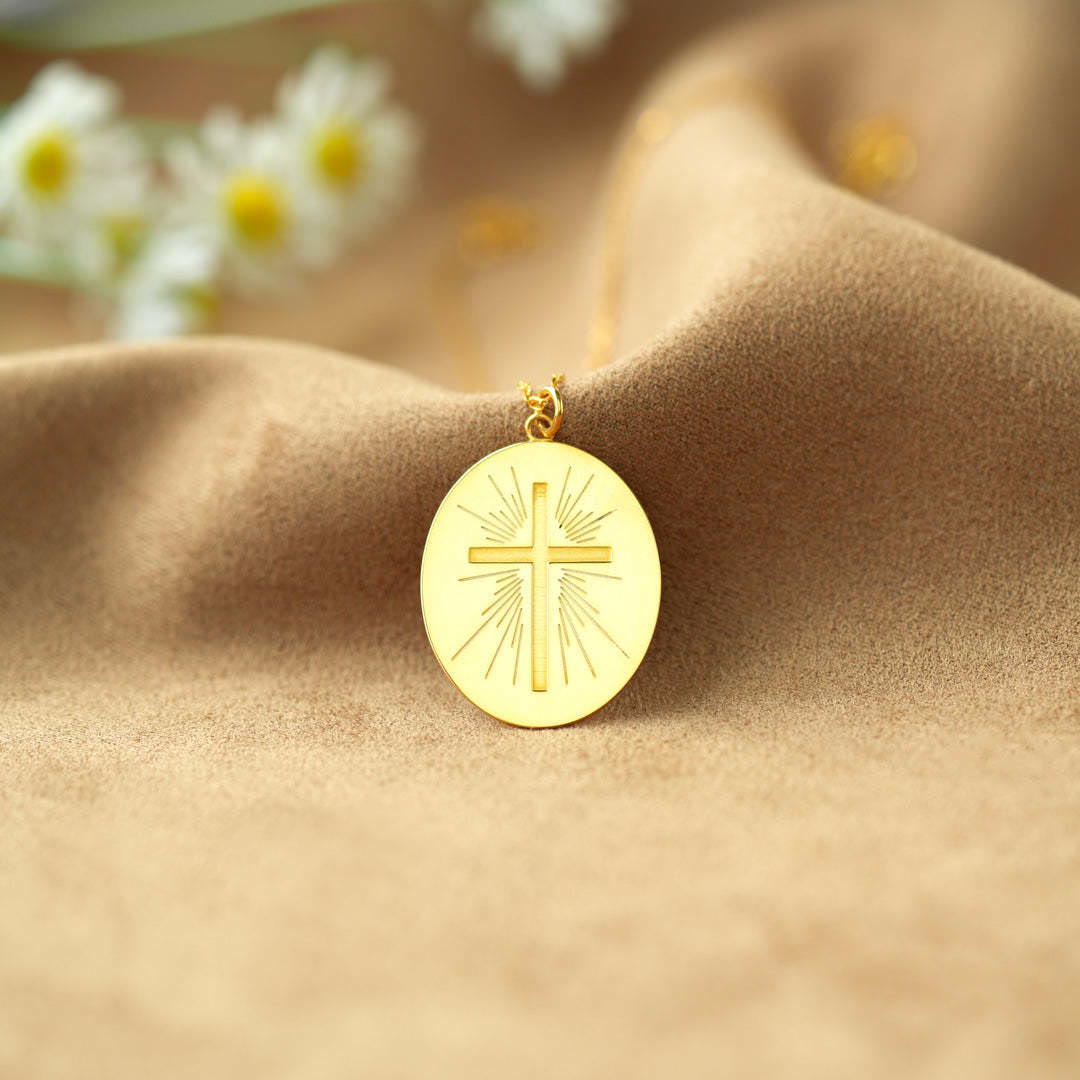 Radiant Cross Disc Necklace: Wearable Faith Token for Daily Carry