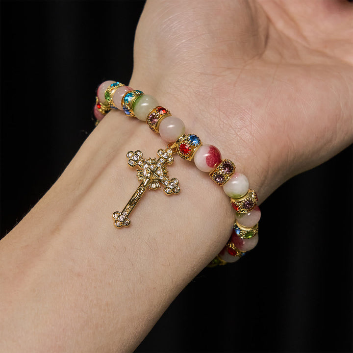 Devotional Tourmaline Sparkling Bracelet with Ornate Golden Crucifix