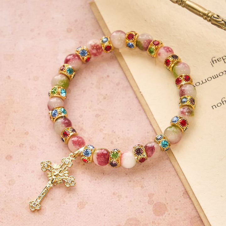 Devotional Tourmaline Sparkling Bracelet with Ornate Golden Crucifix
